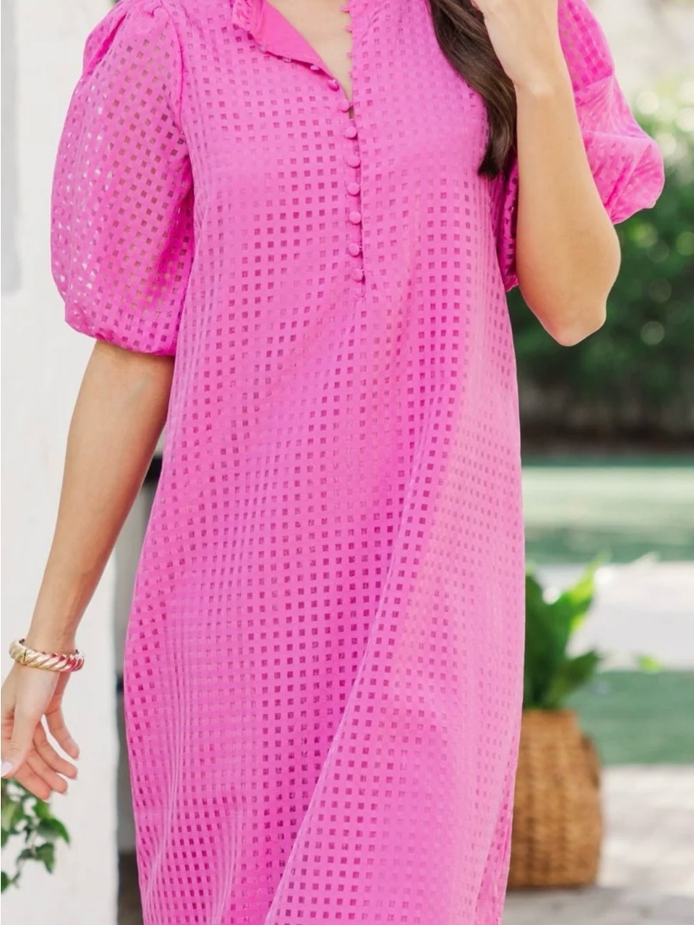 Eyelet Puff Sleeve Midi Dress in Bright Pink